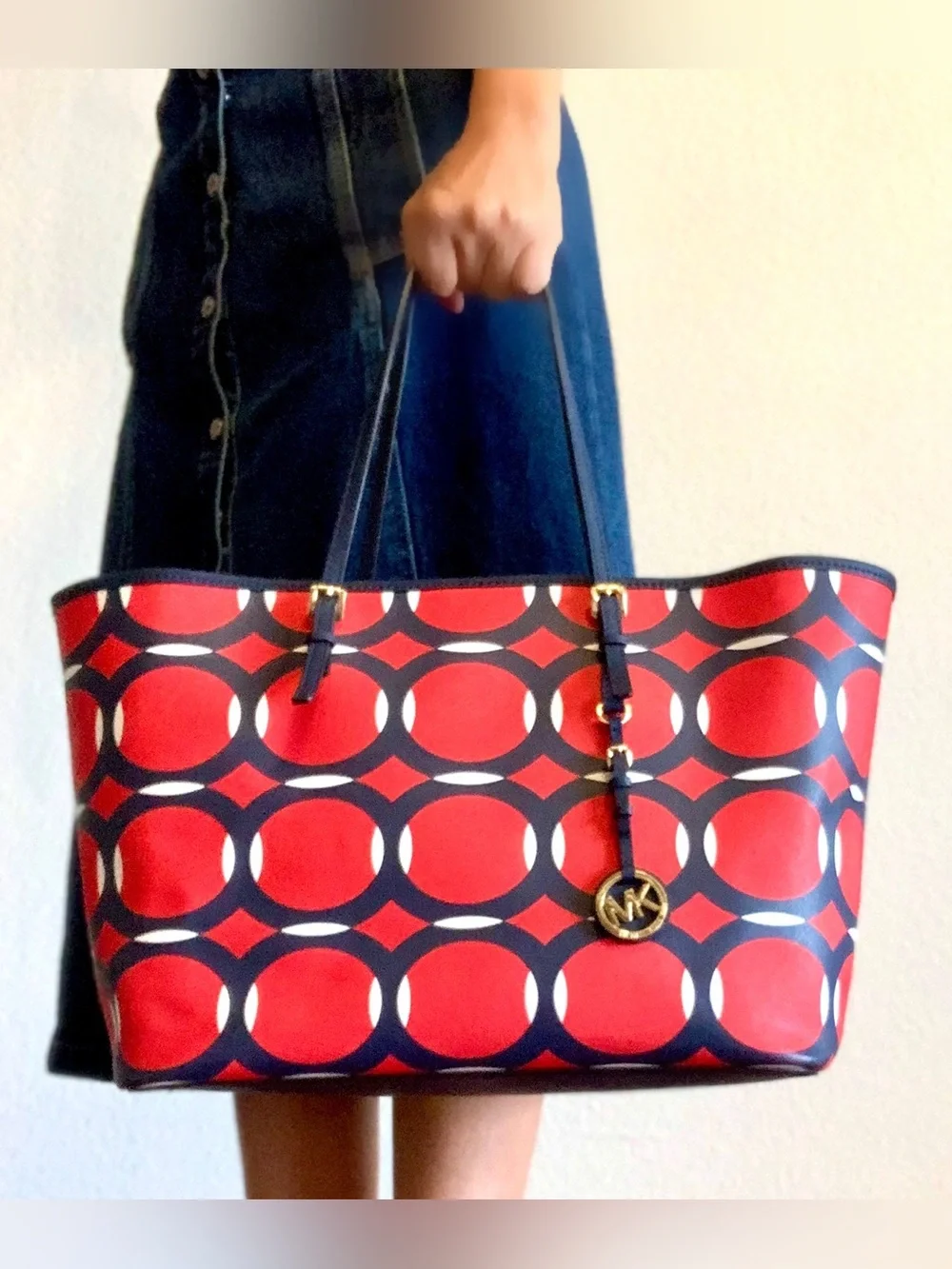 Michael Kors Red and Blue Circle-Print Tote with Gold MK Charm - Picture 2 of 16